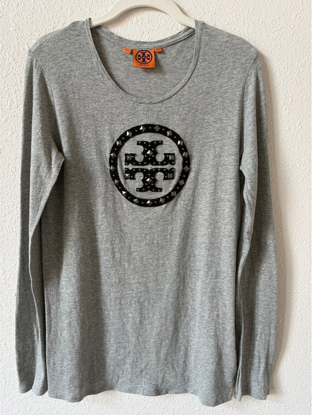 Tory Burch Velvet Studded Logo Long Sleeve T Shirt Gray Size Small Neutral